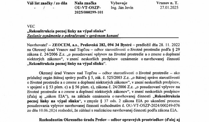 Fotka - ''Rekonštrukcia pecnej linky na výpal slinku'' Zaslanie oznámenia o pokračovaní v správnom konaní 